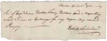 Receipt from Ezekiel Lewis Jr. to James Dalton for exchange of Prince (an enslaved person) for Pompey (an enslaved person), 25 April 1750 