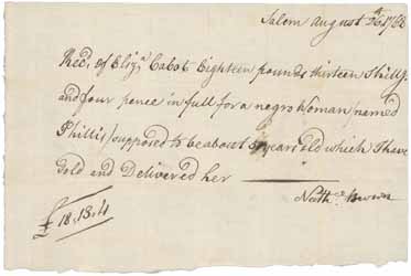 Receipt from Nathan Brown to Elizabeth Cabot for the sale of Phillis (an enslaved person), 26 August 1768 