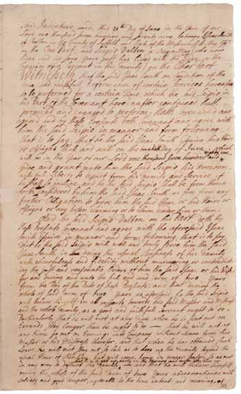 Indenture between Isaac Smith and Scipio Dalton, (an enslaved person) regarding his freedom, 20 June 1779, with addendum, 20-24 December 1779 