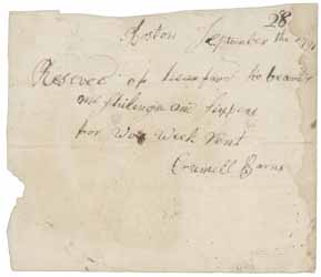 Receipt from Crumell Barns [Cromwell Barnes] to Hartford Roberts, 28 September 1791 