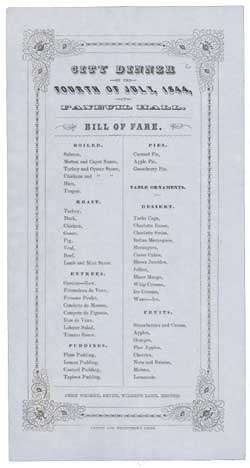 City Dinner on the Fourth of July, 1844, at Faneuil Hall. Bill of Fare. Printed menu