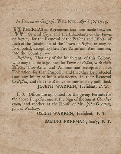 In Provincial Congress, Watertown, April 30, 1775. Whereas an Agreement has been made ... Broadside