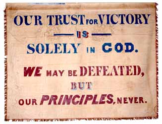 Our Trust for Victory is solely in God..., Garrison antislavery banner Cotton, paint, silk fringe