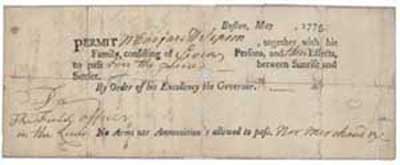 Permit to pass through British lines, May 1775 Issued by