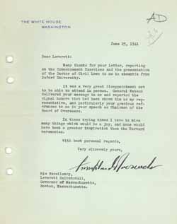 Letter from Franklin Roosevelt to Leverett Saltonstall, 25 June 1941 