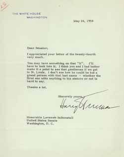 Letter from Harry Truman to Leverett Saltonstall, 26 May 1950 