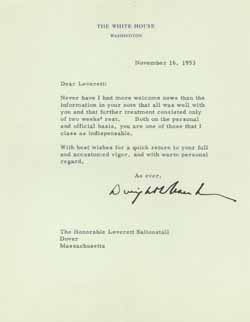 Letter from Dwight Eisenhower to Leverett Saltonstall, 16 November 1953 