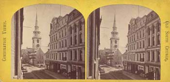 Old South Church [Washington St]. Boston, Mass. Combination view depicting Washington Street before and after the fire of 9-10 November 1872. Stereoview card