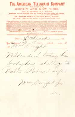 Telegram from William Dwight, Jr. to William Dwight, 19 September 1862 