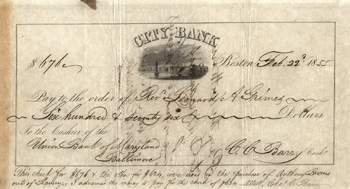 Check in the amount of $676, used for the purchase of Anthony Burns, 1855 