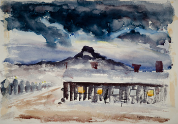 `Heart Mt.` [View of building, Japanese Relocation Center, Heart Mountain, Wyoming] Watercolor