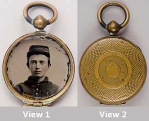 Locket containing the tintype portrait of Edward Burgess Peirce, Company F, 2nd Mass. Heavy Artillery Regiment Gilt copper, with hand tinted tintype