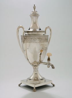 Urn presented to Captain Gamaliel Bradford by Samuel Parkman Silver, with ivory spigot handle Urn presented to Captain Gamaliel Bradford by Samuel Parkman Silver, with ivory spigot handle