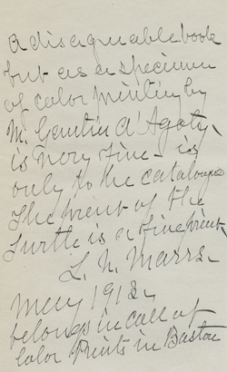 Manuscript note in the hand of Laura Norcross Marrs [Mrs. Kingsmill Marrs] Manuscript