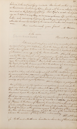 Letter from Mercy Otis Warren to Hannah Winthrop (letterbook copy), August 1774 Manuscript