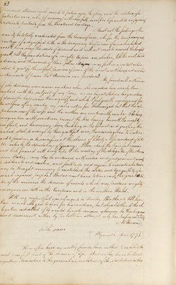 Letter from Mercy Otis Warren to Hannah Winthrop (letterbook copy), April 1773 Manuscript