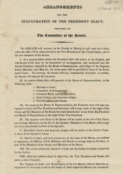 Arrangements for the Inauguration of the President Elect, Prepared by the Committee of the Senate Broadside