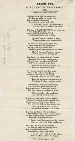 Adams Ode. For the Fourth of March 1825 Broadside