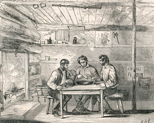 Thanksgiving Day at a Miner`s Cabin in California Engraving