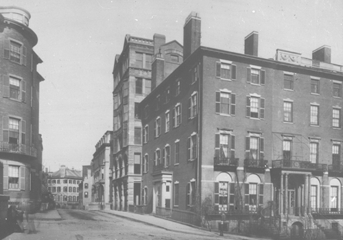 `Looking east on Beacon St., cor. Beacon & Park St.` Lantern slide