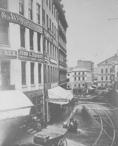 Dock Sq. down Cornhill, before extension of Washington St. Lantern slide