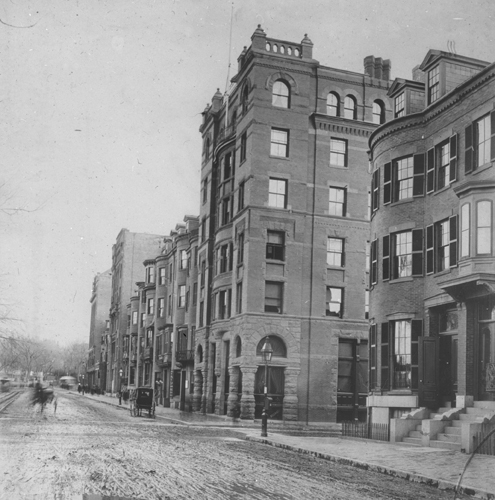 `Boylston St., looking east from Arlington St.` Lantern slide