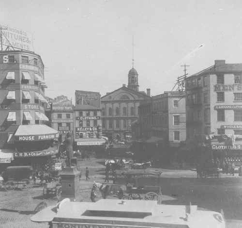 `Adams Sq., looking down to Faneuil Hall` Lantern slide