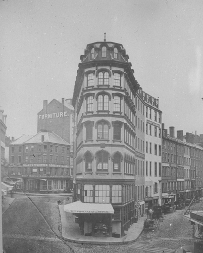 `Dock Sq., looking up to Washington St.` Lantern slide