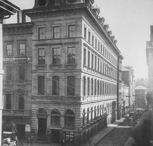 New England Mutual Life Insurance Company Building, corner of State & Congress St. Lantern slide