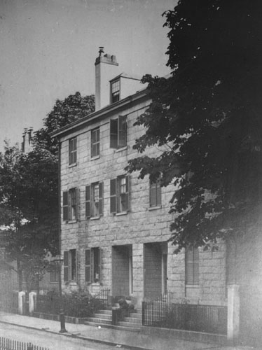 `Otis Place, Old Blake & Bancroft houses` Lantern slide