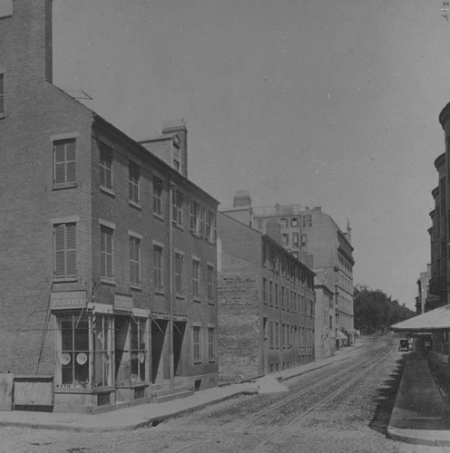 `Tremont St. north from Elliot, before widening in 1869` Lantern slide