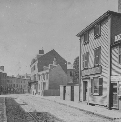 `Tremont St. south from Hollis, before widening in 1869` Lantern slide