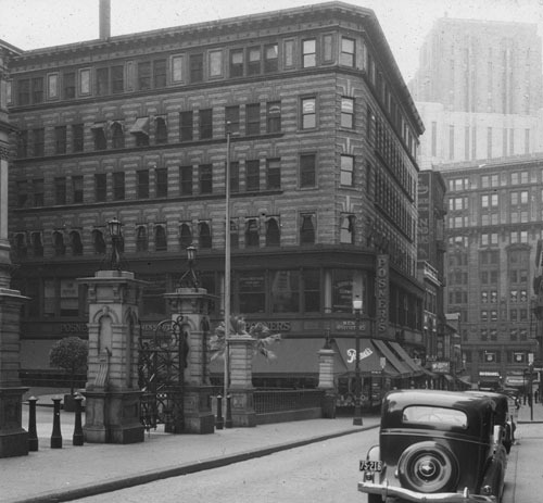 `School St., cor. of City Hall Ave.` Lantern slide