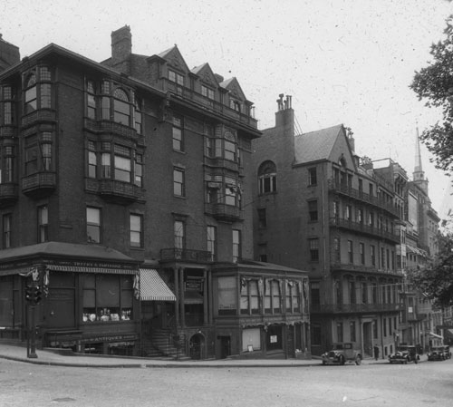 `Cor. Beacon & Park St., down Park St.` Lantern slide