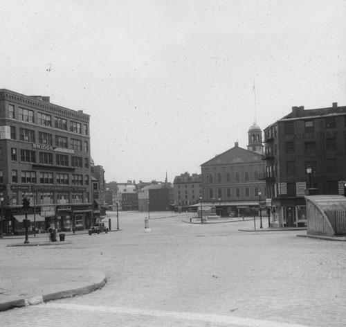 Adams & Dock Sq., down from Washington St. Lantern slide