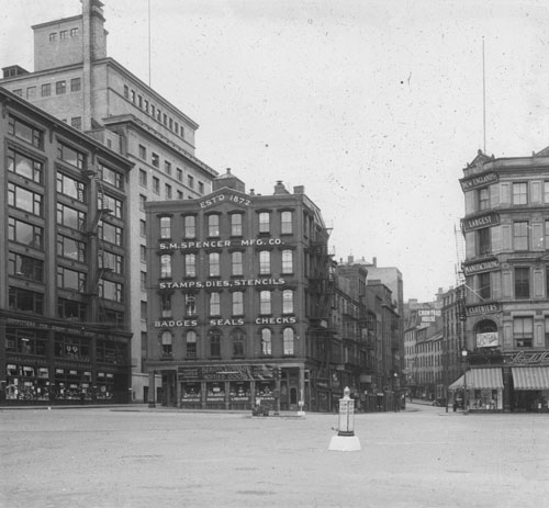 `Adams Sq., up Cornhill & Brattle St.` Lantern slide