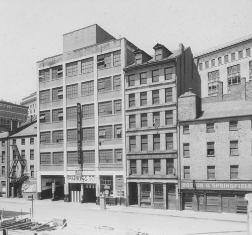 `Custom House St., site of Old Custom House` Lantern slide