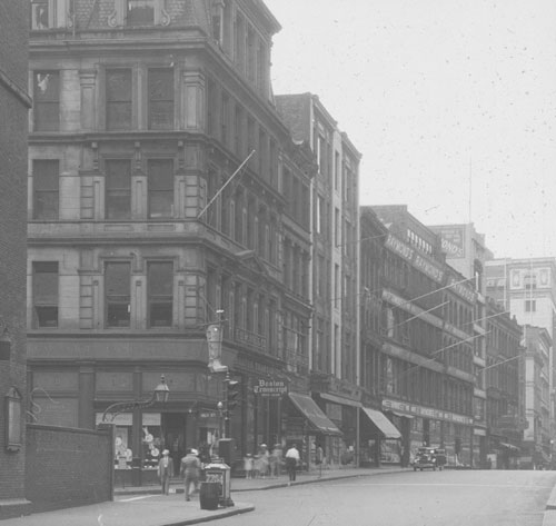 `Washington St. east side, Milk to Franklin St.` Lantern slide