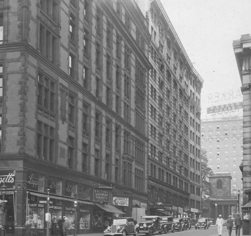 `Tremont St. east side, between Court & School St.` Lantern slide