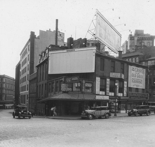 `Scolly Sq. east side, between Cornhill & Brattle St.` Lantern slide