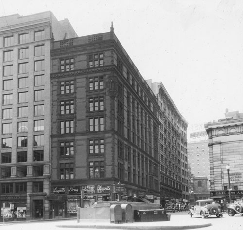 `Cor. Court & Tremont St., looking south from Scolly Sq.` Lantern slide