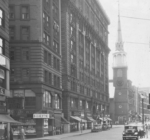 `Washington St. east side, between Water & Milk St.` Lantern slide