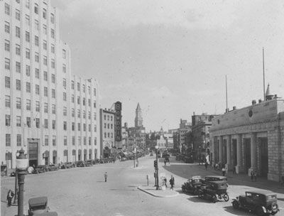 `Bowdoin Sq., looking east` Lantern slide