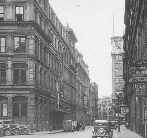 `Otis Street, looking from Franklin to Summer St.` Lantern slide