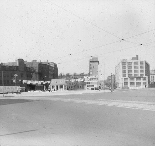 `Site of Old Castle Sq. Theatre, Tremont St.` Lantern slide