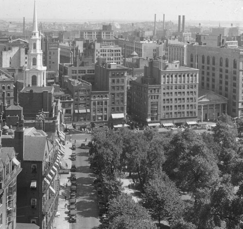 `View S.S.E. from State House, looking down Park St.` Lantern slide