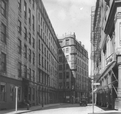 `Brattle Sq., view in from Brattle St.` Lantern slide