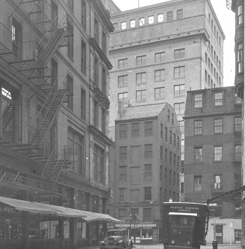 `Brattle Sq. North Side, looking towards Brattle St.` Lantern slide