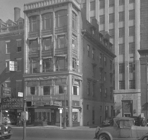 `Site of old Evans House, cor. Mason & Tremont St.` Lantern slide