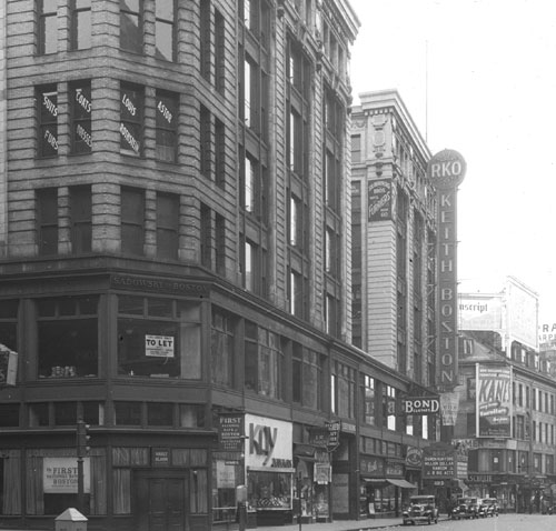 `Site of old Globe Theatre, Washington St.` Lantern slide